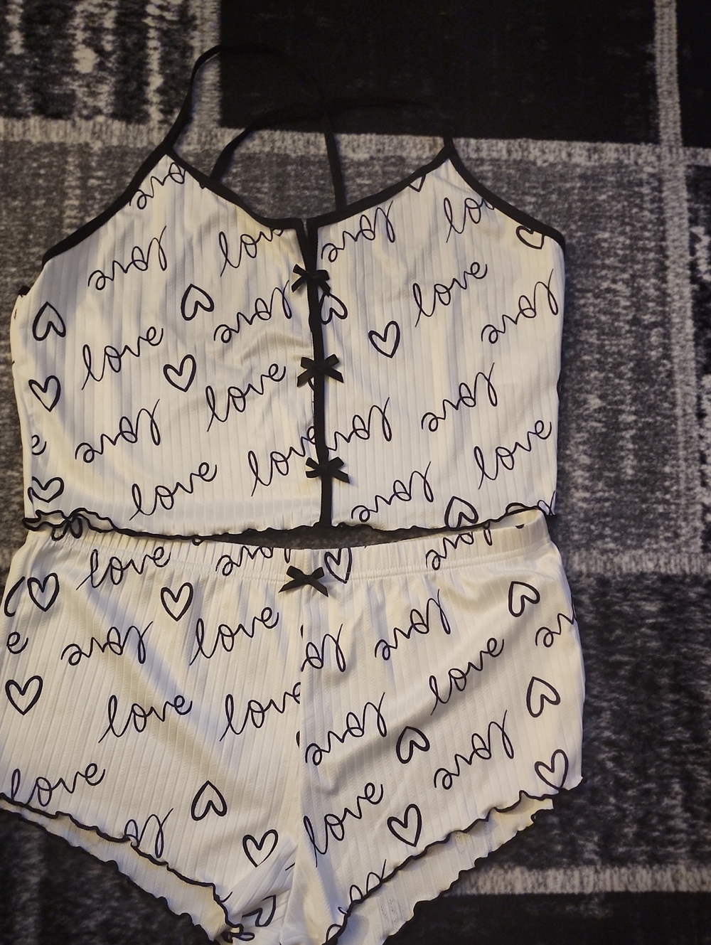 White & Black 'Love' Script Cami and Short Pajama Set